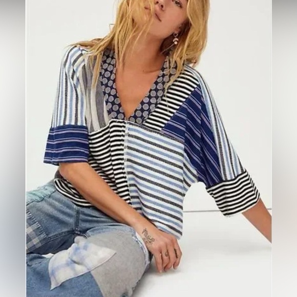 We the Free Patchwork Floral Oversized Top | Blue and White - Picture 2 of 3